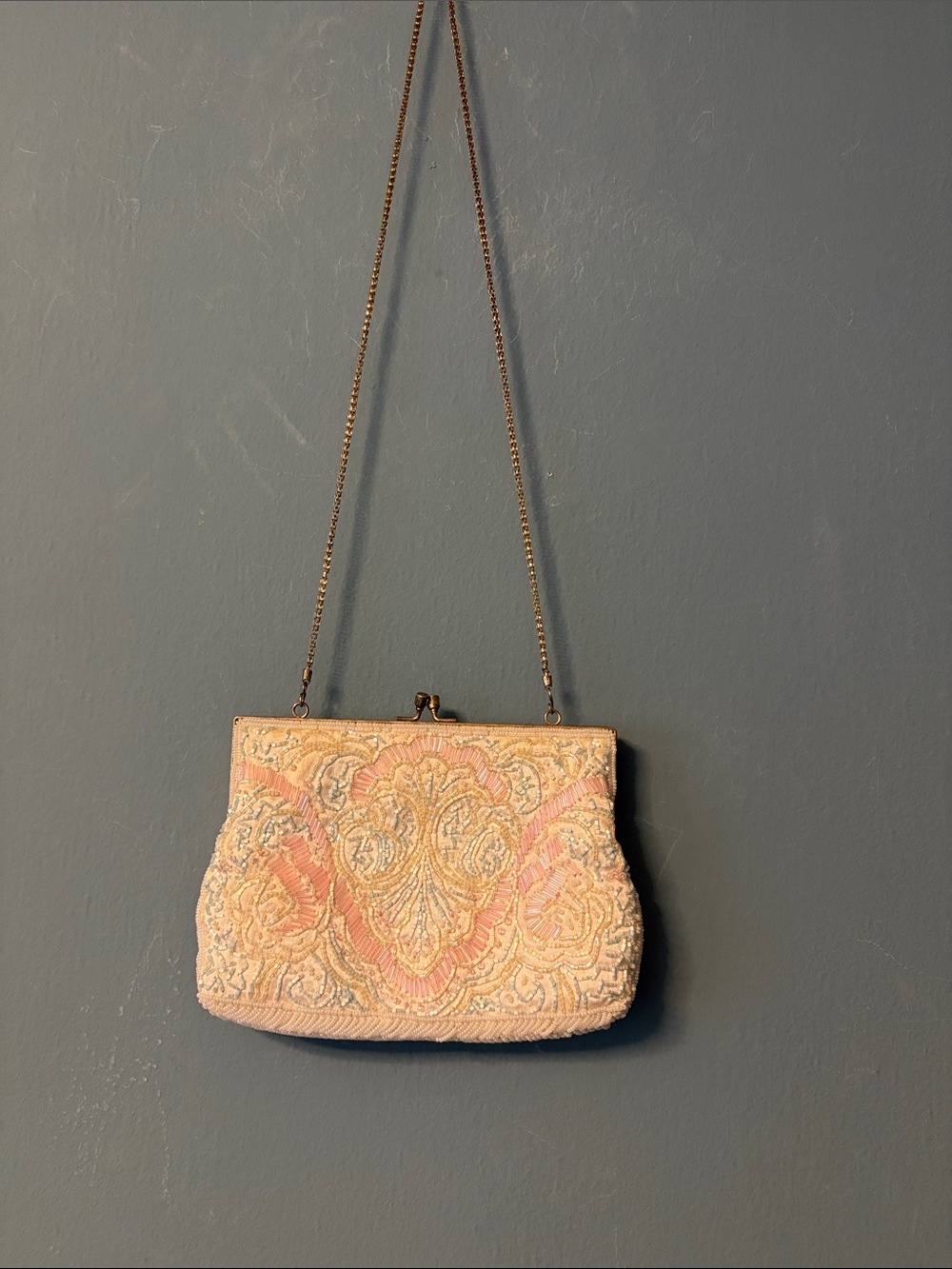 Vintage La Regale Ltd Beaded Evening Bag – Ivory, Pink & Gold